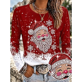 Christmas Women's Sequins Rhinestone T Shirt Rhinestone Floral Plants Elegant Vintage Stylish Long Sleeve Crew Neck Round Neck Regular Tops Casual Black Yellow