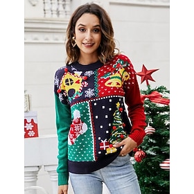 Women's Christmas Sweater Fair Isle Sweater Christmas Sweaters Cute Party Casual Christmas Tree Christmas Bell Ribbed Crew Neck Patchwork Long Sleeve Regular T