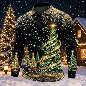 Christmas Men's Santa Claus Christmas Tree Polo Long Sleeve Polo Shirts Collared Shirts Lapel Casual Daily Wear Festival Wear Buttons Winter Spring   Fall Blac
