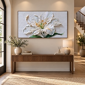 3D White Flower Wall Art 23.6x47.2in, Framed Textured Floral Canvas Painting with Gold Accents, Modern Botanical Artwork for Living Room Bedroom Dining Room Of