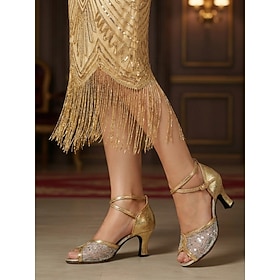 Women's Gold 1920s Flapper-Inspired Heel Sandals – Lace Mesh Peep Toe Dance Sandals with Cross-Strap Ankle Buckle Rubber Sole for Ballroom Dancing, Gatsby Par