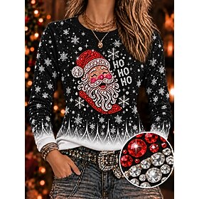 Christmas Women's 100% Cotton Cotton Shirt Rhinestone Floral Graphic Plants Stylish Classic Casual Long Sleeve Crew Neck Round Neck Regular Tops Casual Blue Bl