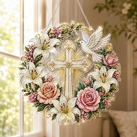 Cross, Flowers Peace Dove Diamond Pearl Art Hanging Ornament Kit, DIY Crystal Rhinestone Painting Craft for Christmas Tree Decorations, Religious Holiday Gift