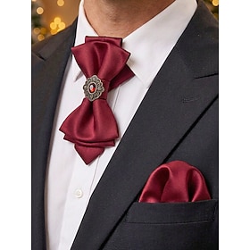 Men's Polyester Bow Tie and Pocket Square Set, Solid Color Formal Bowtie with Decorative Metal Accent, Adjustable Neck Strap, Multiple Colors for Christmas, We