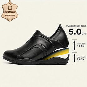 Men's Black Slip-On Dress Shoes with Hidden 5 cm Height Increase, Sleek Minimalist Design and Cushioned Sole for Office, Business Meetings, Formal Events and D