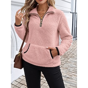 Women's Fleece Sweatshirts Zip Up Patchwork Pocket Plain Warm Casual Comfy Long Sleeve Half Zip Regular Tops Casual Home Sports Blue claret Pink Purple Green F