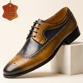 Men's Genuine Leather Brown Yellow Brogue Oxford Dress Shoes Two Tone Lace Up Formal Shoes Classic Vintage Elegant Business Wedding Office Party Evening Events