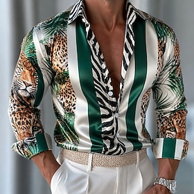 Men's Color Block Tiger Shirt Long Sleeve Casual Fashion Casual Vacation Party Evening Wear Dailywear Summer Spring Fall Collared Shirts Green 1# Green 2# Brow