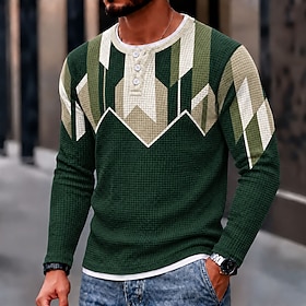 Men's Graphic Geometric Color Block Waffle Henley Shirt Casual Style Classic Style Long Sleeve Fashion Designer Basic Casual Daily Outdoor Fall  Winter Fall Sp