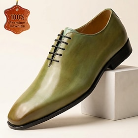 Men's Genuine Leather Green Derby Dress Shoes Lace Up Formal Shoes Classic Vintage Style Business Casual Shoes Luxury Leather Footwear for Wedding Office Party