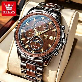 OLEVS Men's Quartz Watch, Brown Multifunctional Dial, Two-Tone Stainless Steel Bracelet, Luminous Hands, Date Display, 30M Water Resistant Business Sport Wrist