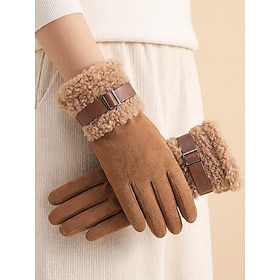 Women's Polyester Winter Gloves, Thick Fleece-Lined Touchscreen Gloves with Plush Cuffs and Buckle Strap, Warm Cold Weather Gloves for Commuting, Driving, Walk