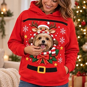 Christmas Funny Bonding Pouch Hoodie Pet Lover Gifts Small Pet Carrier Reindeer Cute Cozy Cat Dog Front Pocket Plus Size for Women's Adults' 3D Print for Chri