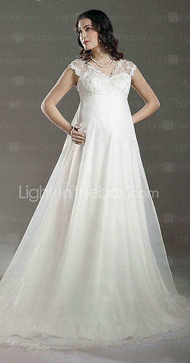 Linea-A Abiti da sposa A V Strascico di corte Di pizzo Organza Cinghie Regolari Traforato con Di pizzo Perline 2022 del 2026 a $218.49 –P1