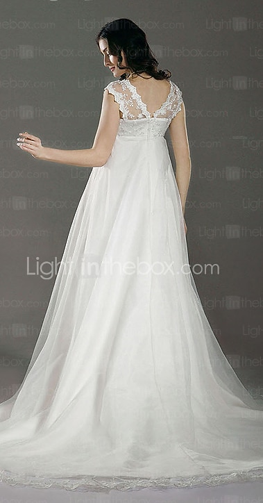 Linea-A Abiti da sposa A V Strascico di corte Di pizzo Organza Cinghie Regolari Traforato con Di pizzo Perline 2022 del 2026 a $218.49 –P4