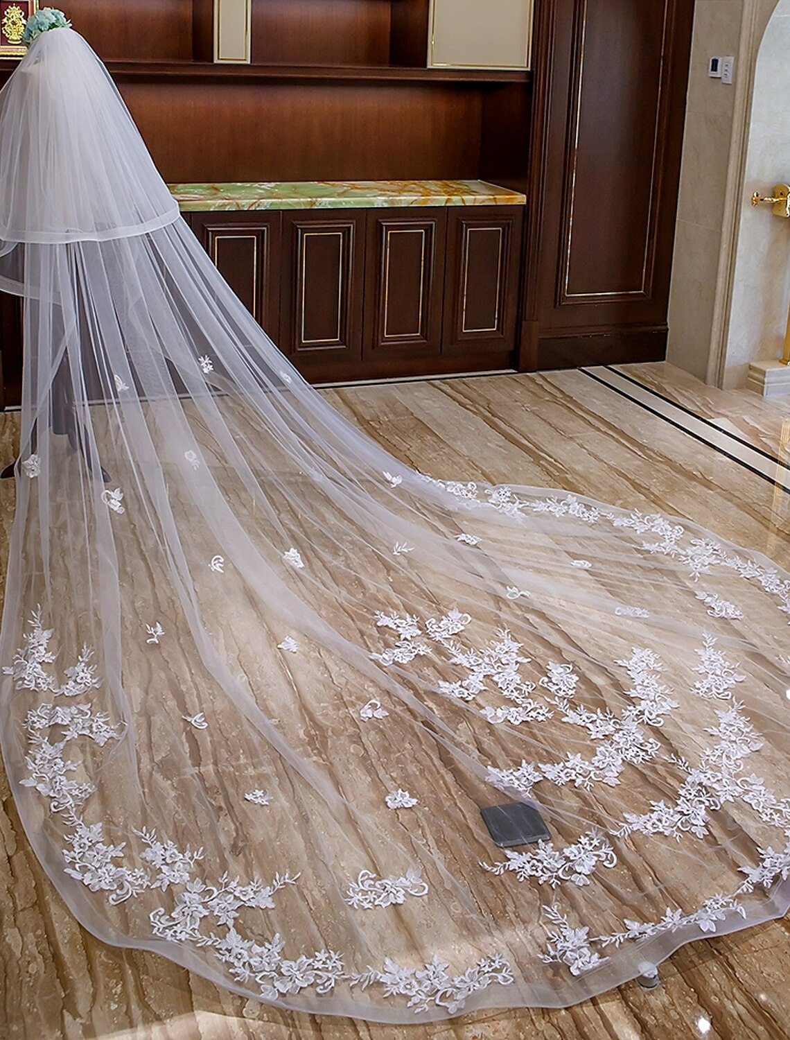 2-Tier Bridal Wedding Applique Lace Wedding Tulle Veil,32" Elbow Length