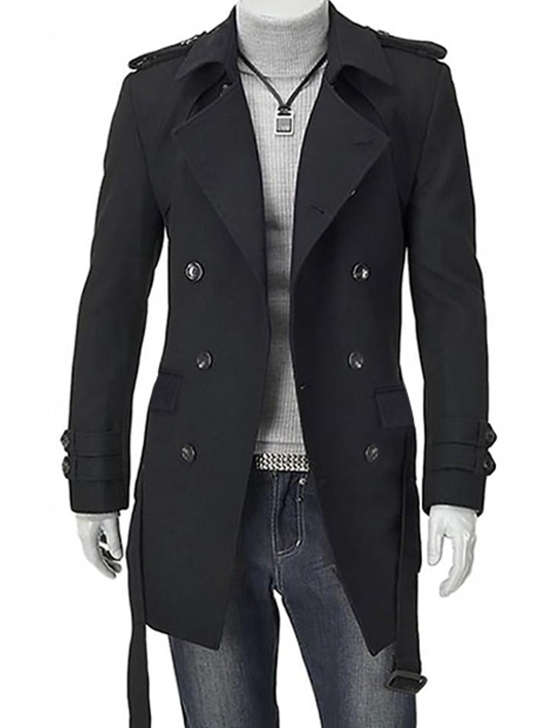 Men's Fluffy Lapel Collar Button Down Trench Coat Long Sleeve Winter Warm Jacket 