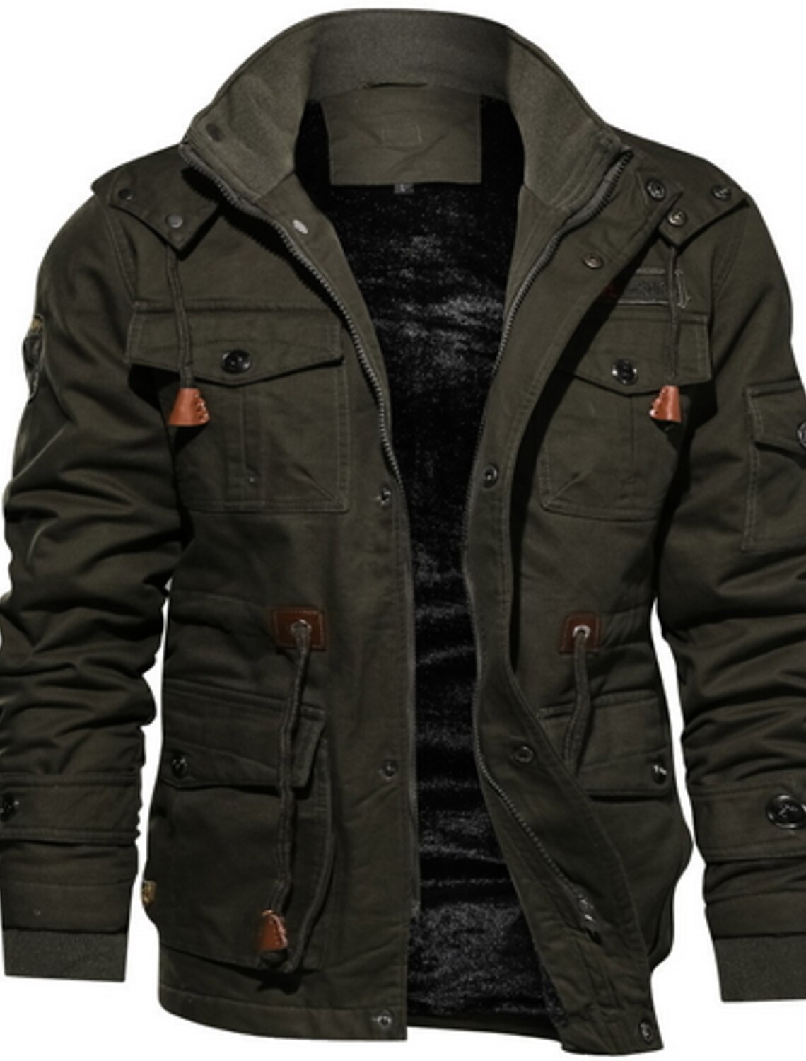 HOW'ON Men's Plus Cotton Warm Fur Collar Casual Button Military Cargo Jacket Outwear Parka Winter Quilted Coat