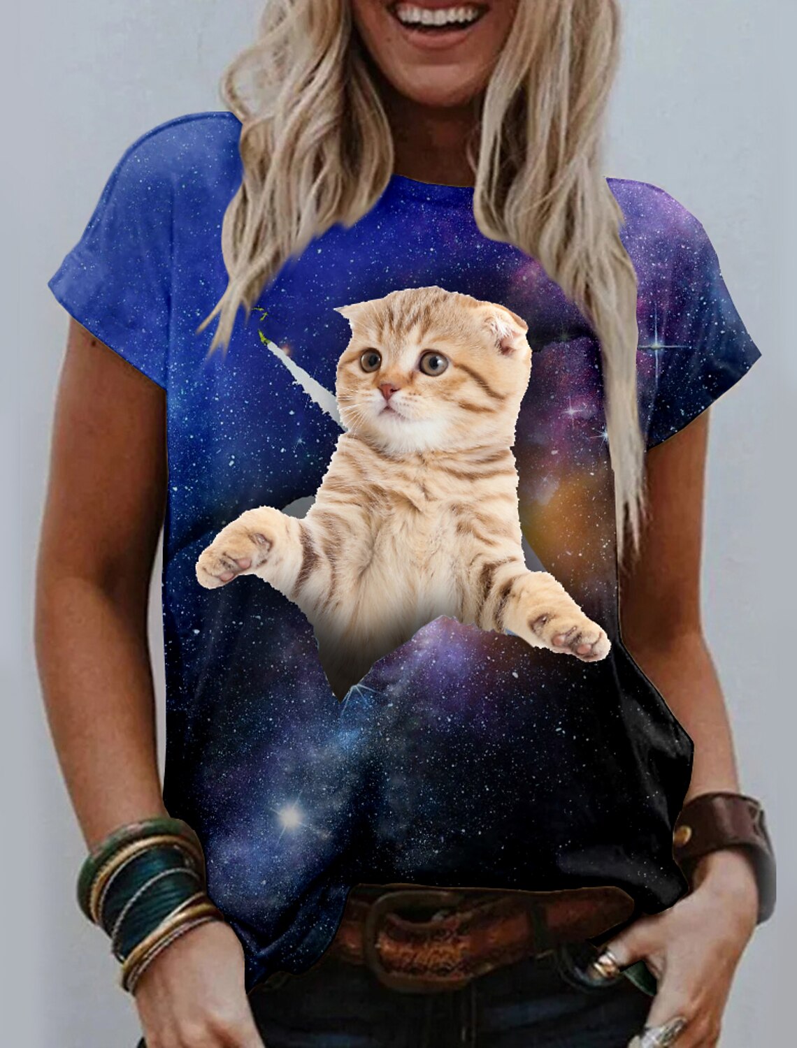 T shirt Cat Graphic 3D Print Round Neck 