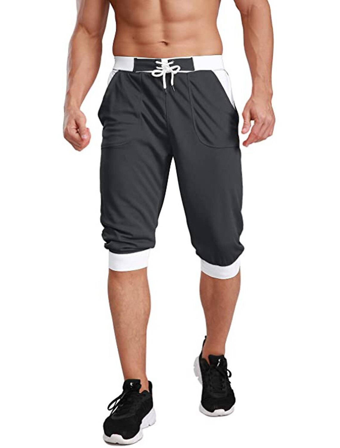 BIYLACLESEN Men's 3/4 Joggers Shorts Below Knee Running Gym Capri Pants Zipper Pockets 