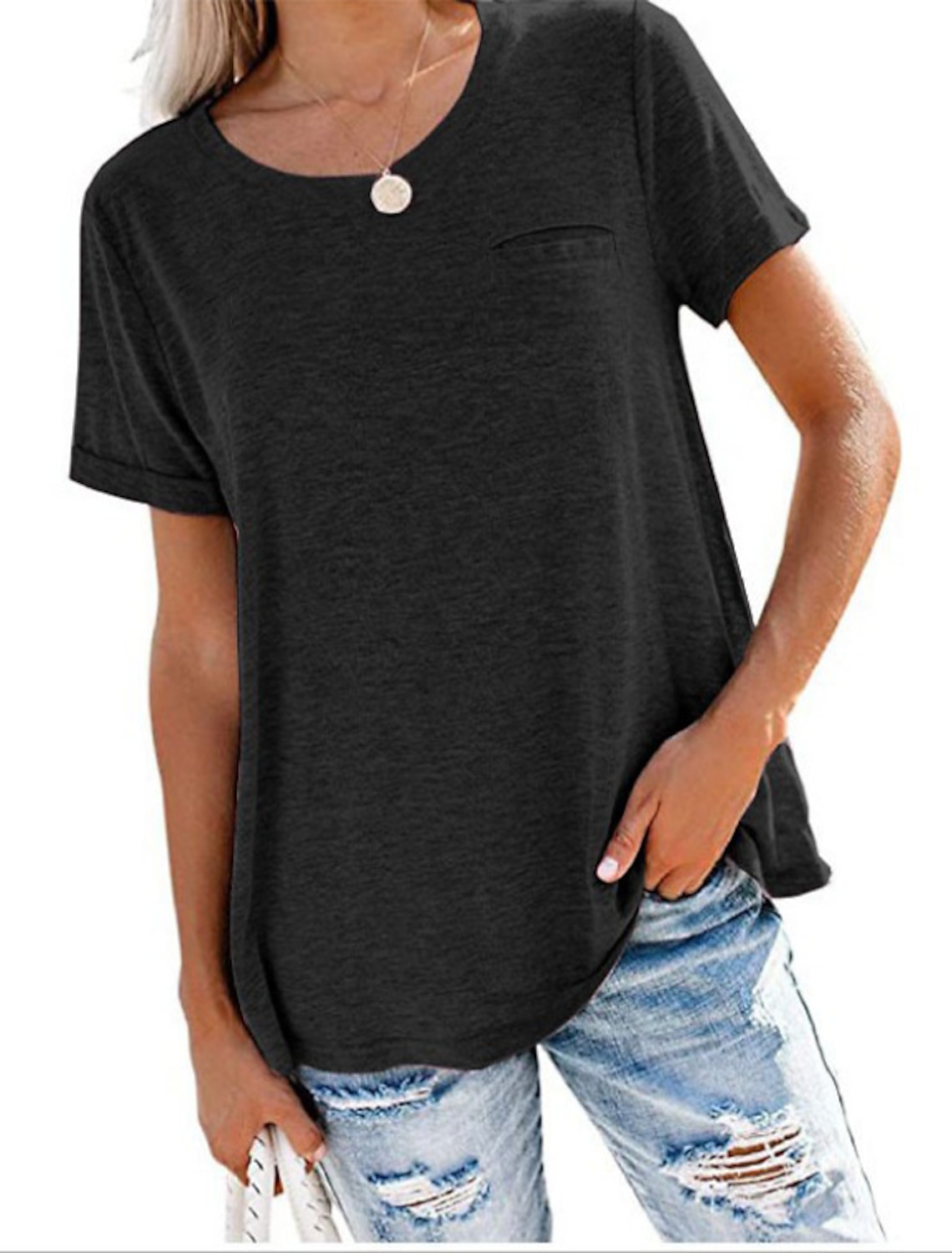 XXL con bolsillos iChunhua para mujer con cuello redondo Camiseta informal de manga larga tallas S