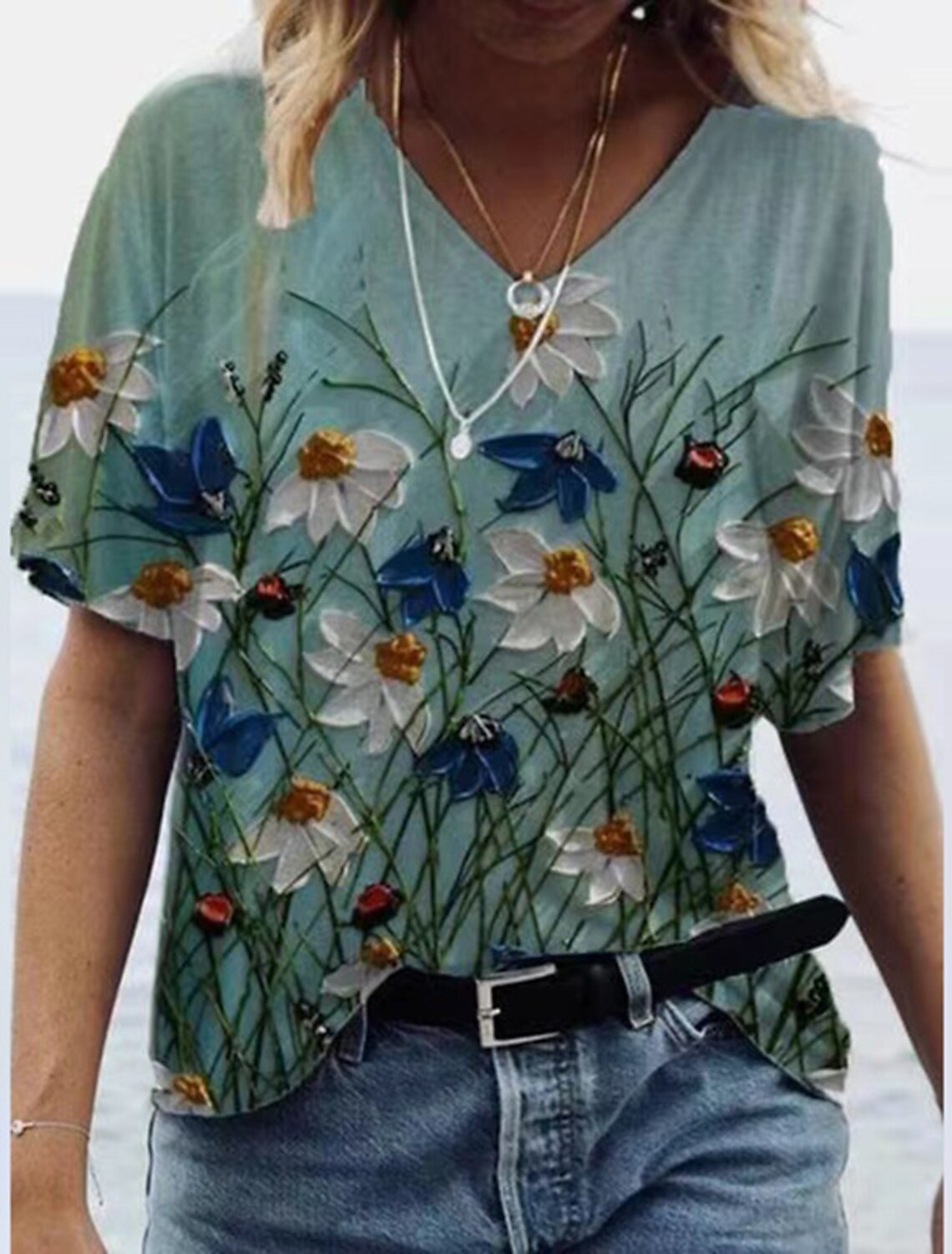 Blusas Verano Casual Mujer Manga Corta Estampada Cuello En V Blusas Verano Casual Mujer Manga Corta Estampada Cuello En V