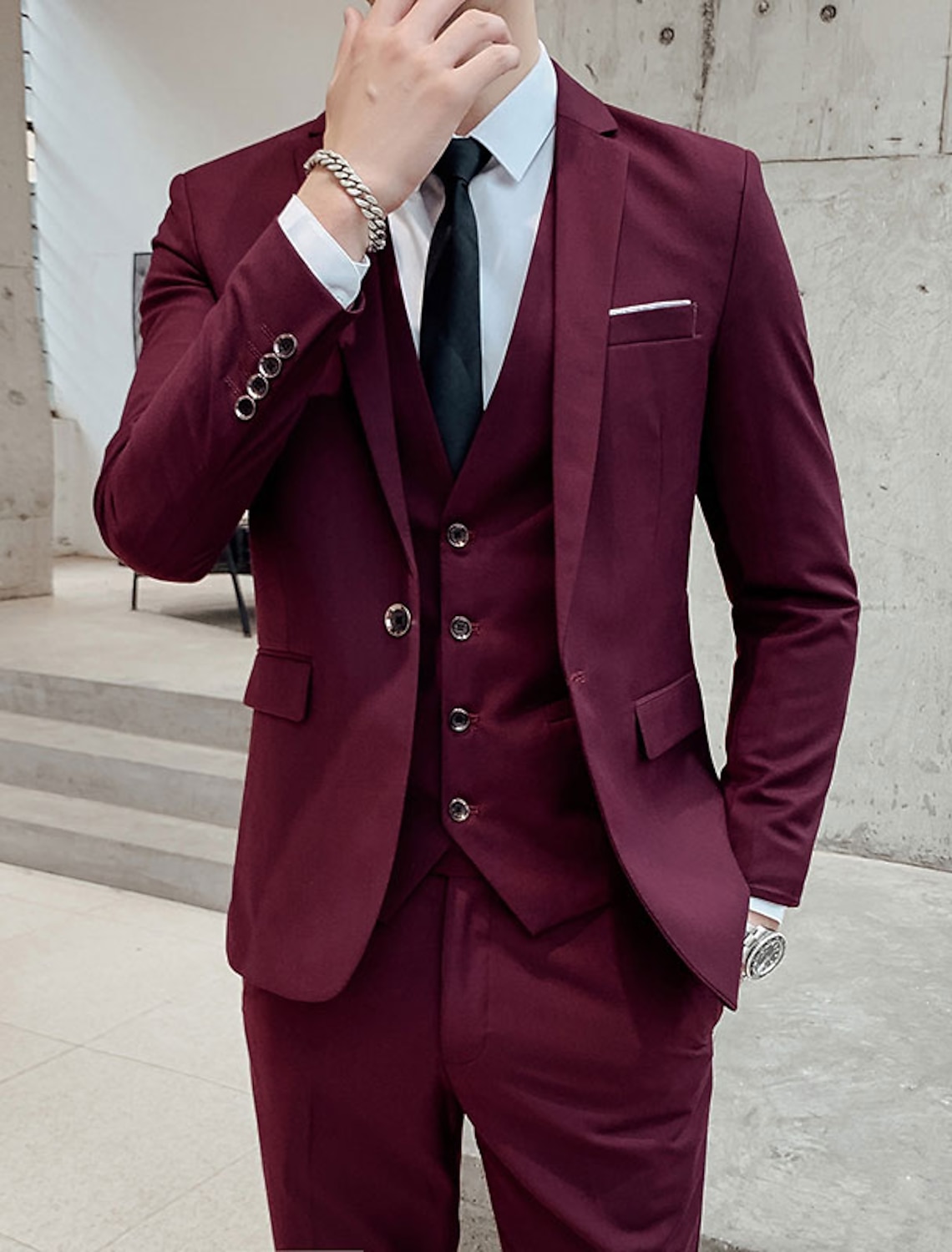 Mens 4 Piece Wedding Suit Groom Shawl Collar Vintage Wine Cravat Tailored Fit 