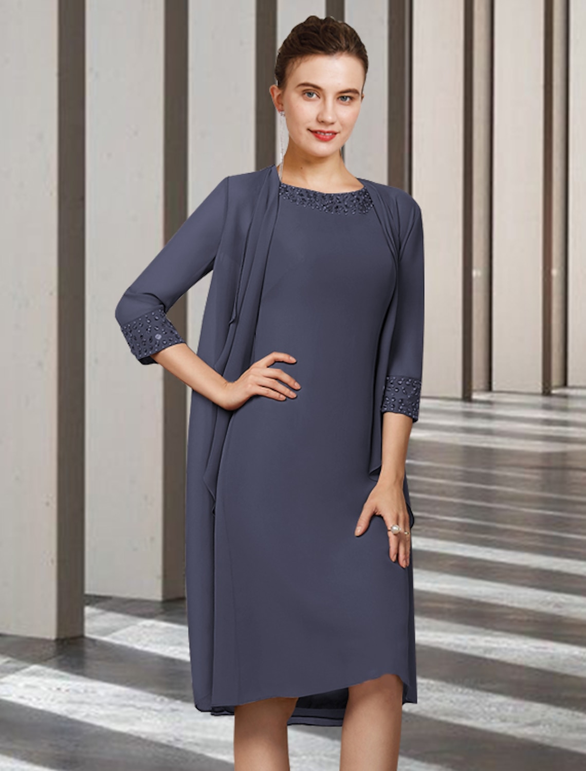 Betty & Co Chiffon jurk blauw-lichtgrijs volledige print casual uitstraling Mode Jurken Chiffon jurken 