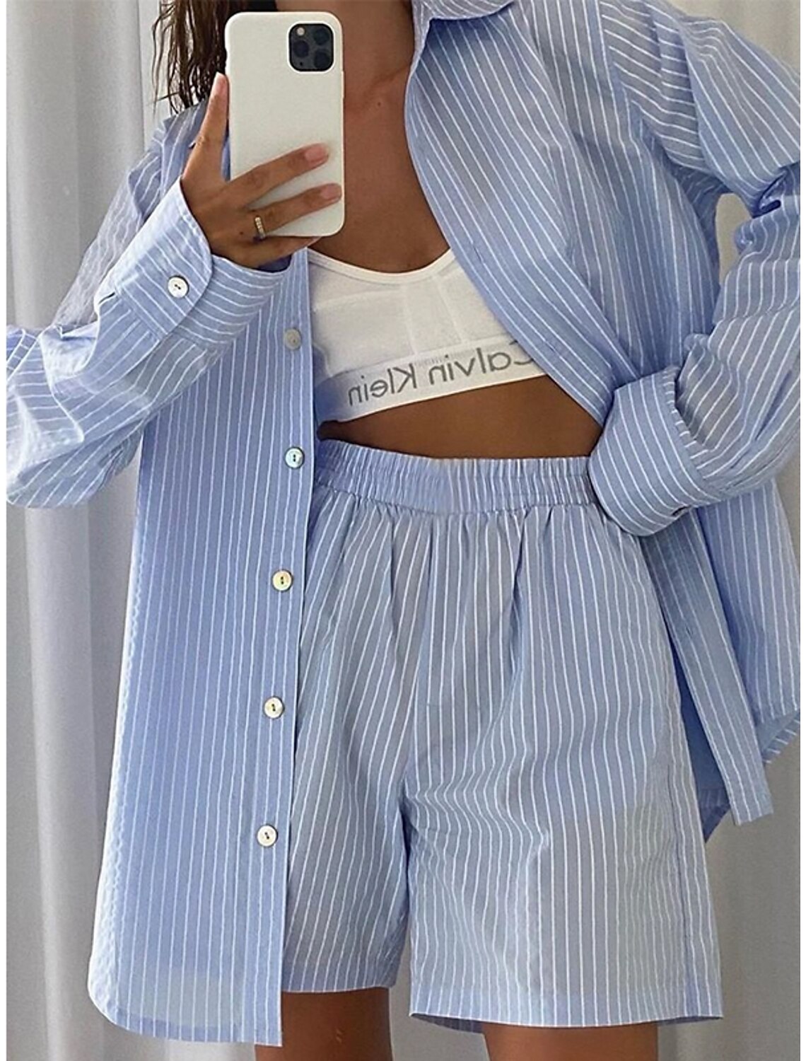 Mujer Básico A Rayas Color sólido Ropa Cotidiana Conjunto de dos piezas  Cuello Camisero Blusa Conjuntos de pantalones cortos Camisa Pantalón  Bermudas Retazos Tops 8789209 2022 – $32.49