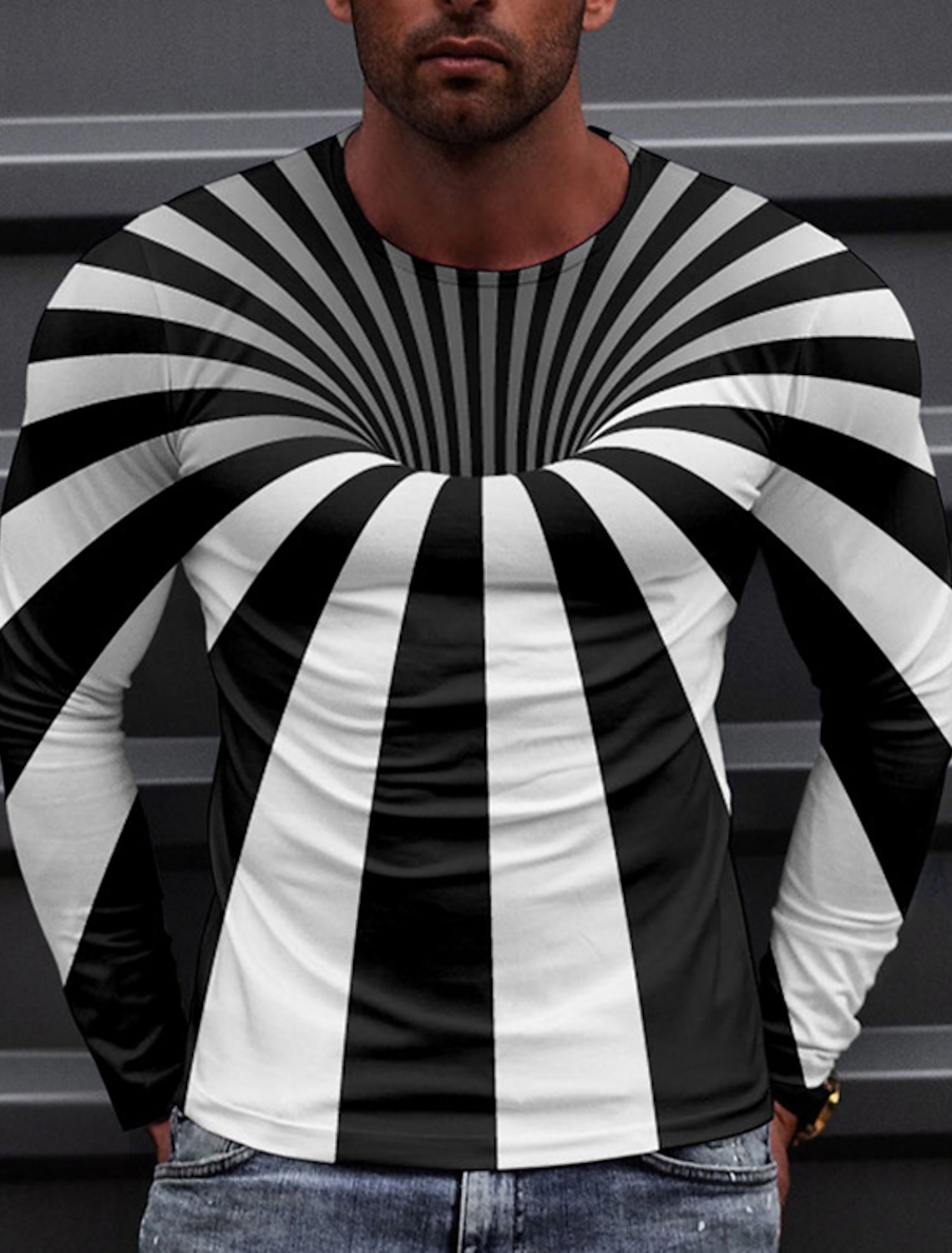 Men's 3D Graphic T-Shirt Long Sleeve Daily Tops Round Neck Black/White 