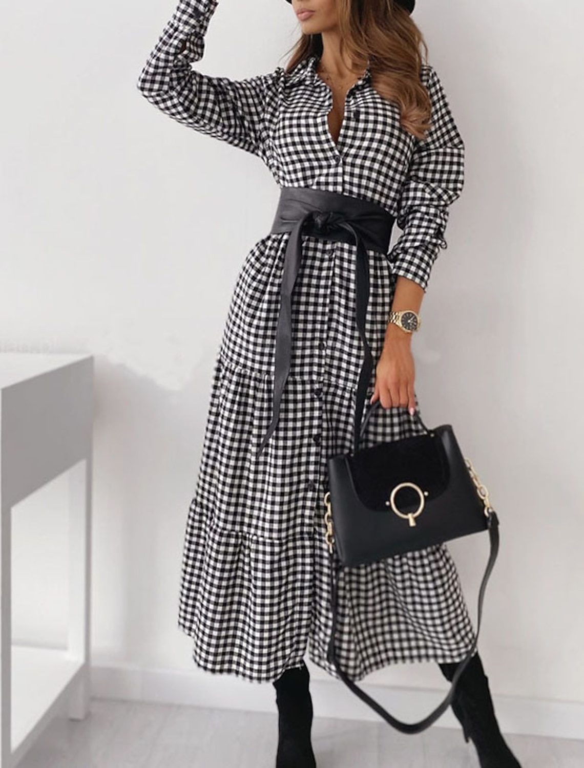 Per donna Abito chemisier Vestito longuette Nero Manica lunga A quadri  Increspato Lacci Autunno Inverno Colletto Da ufficio Elegante Informale  2022 S M L XL del 8822289 2022 a $28.51