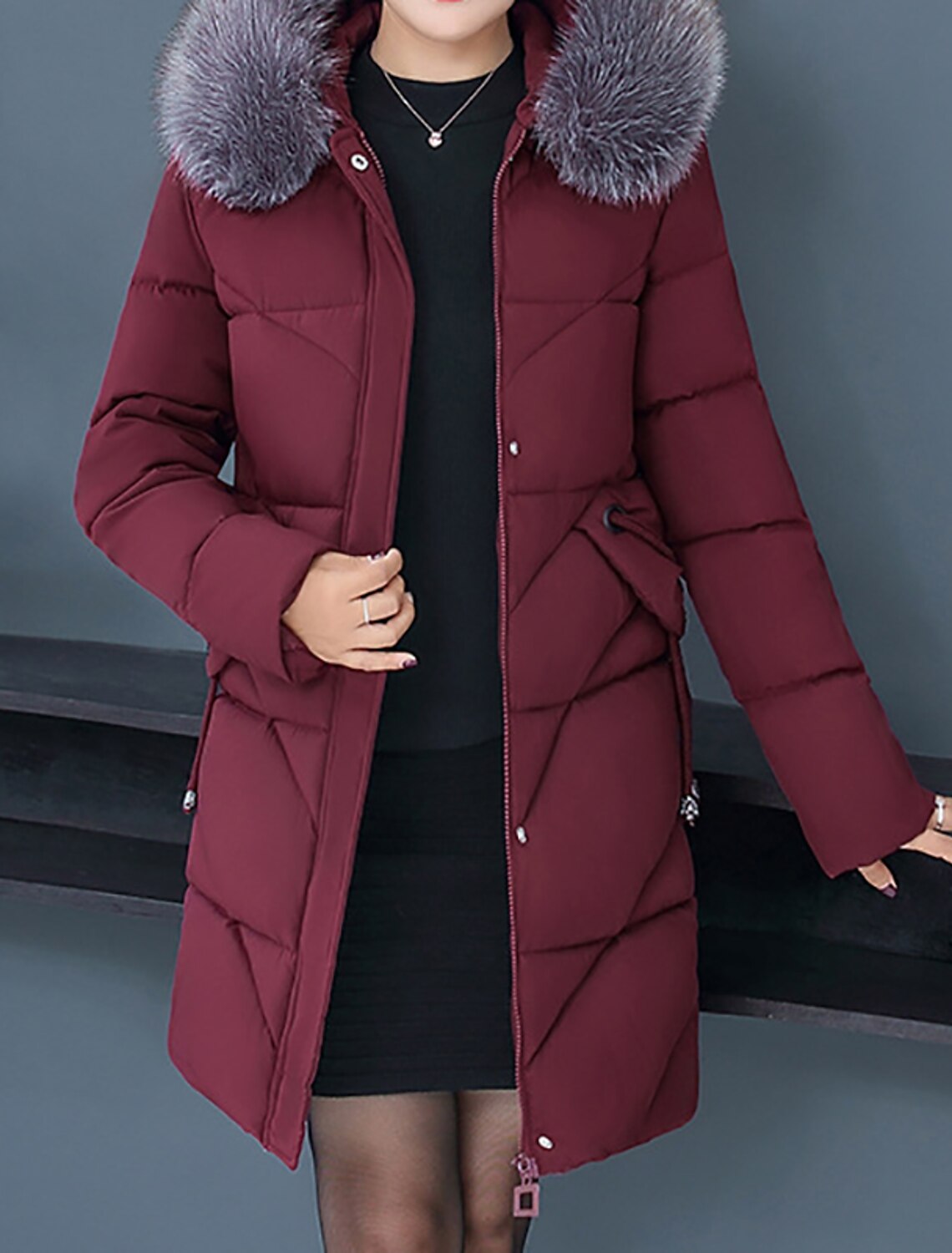 Womens Long Sleeve Medium-long Style Padded Warm Zipper Hooded Fashion Coat B634 
