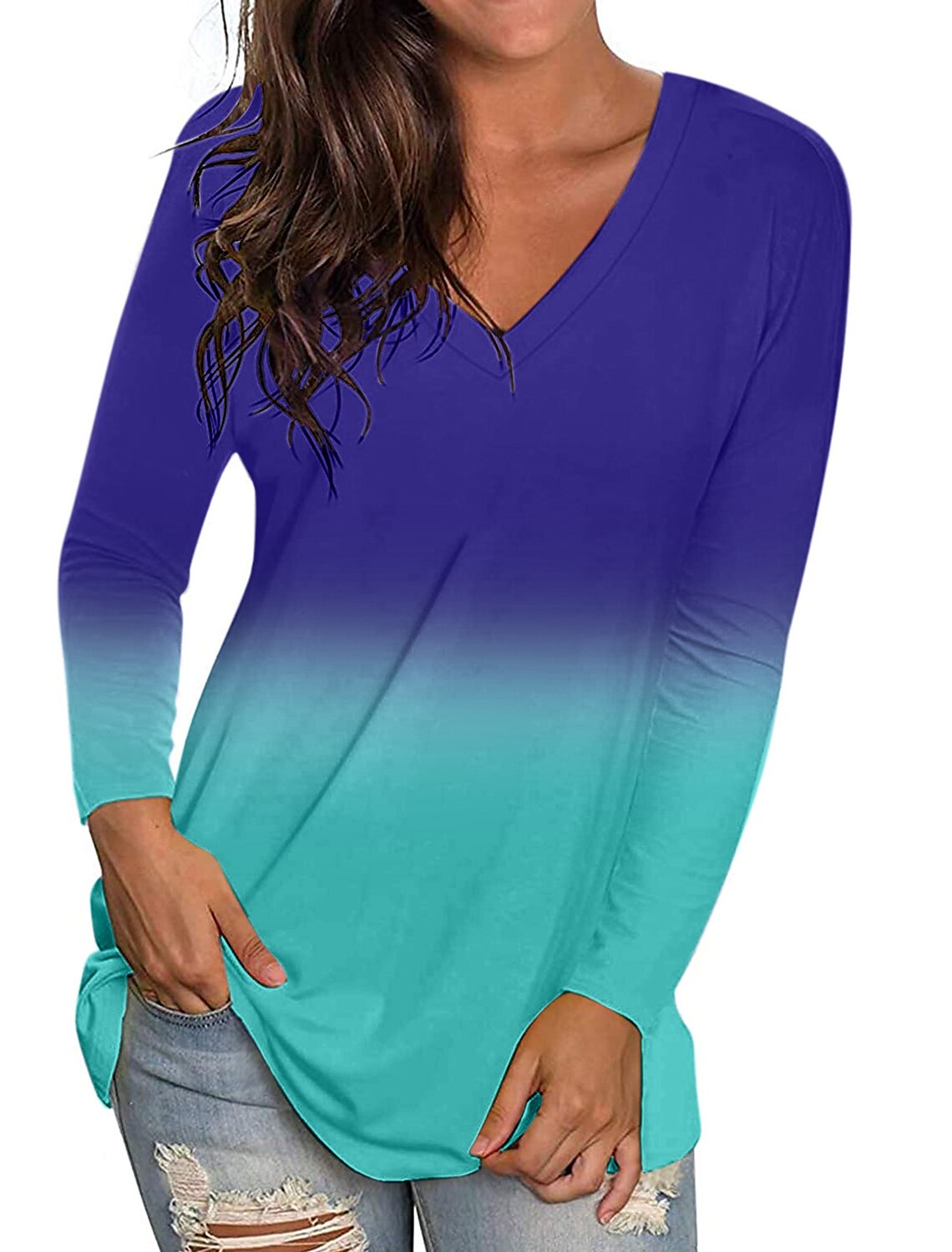 Meikosks Womens Sweatshirt Colorblock Printed Tops Long Sleeve Hoodies Gradient Tops Pullover
