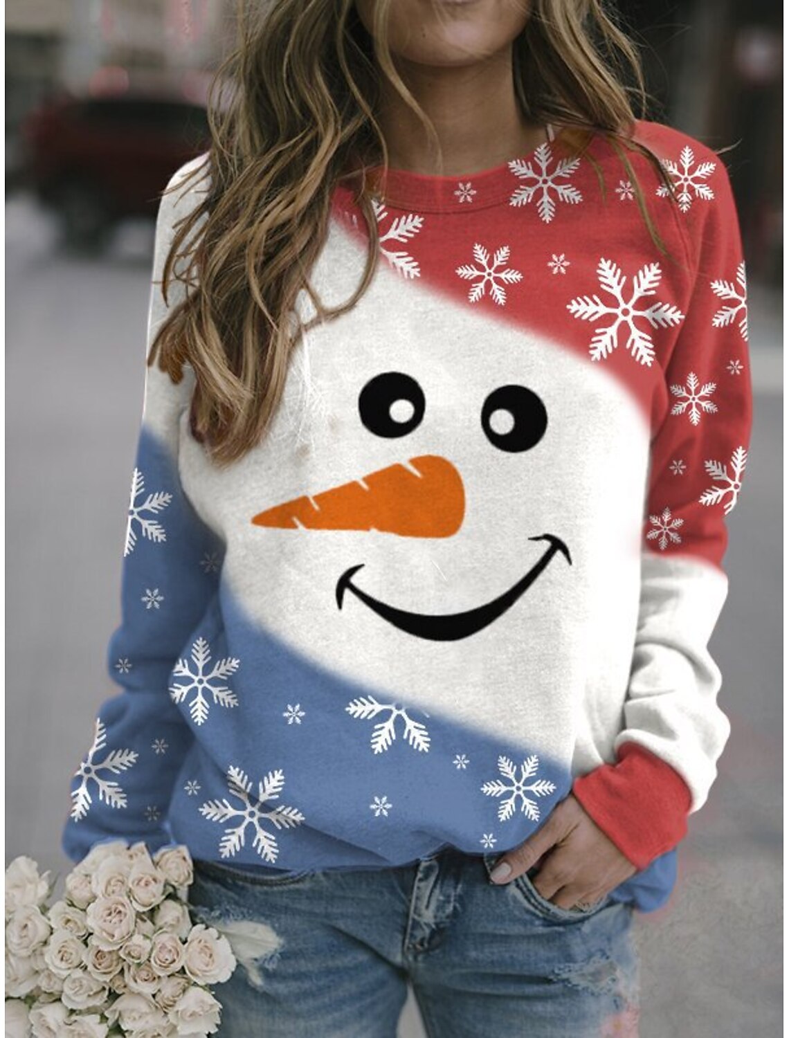 Women Sweatshirts Pullover Tops Christmas Snowman Crewneck Long Sleeve Jumper Sweater Casual Shirts Tunics