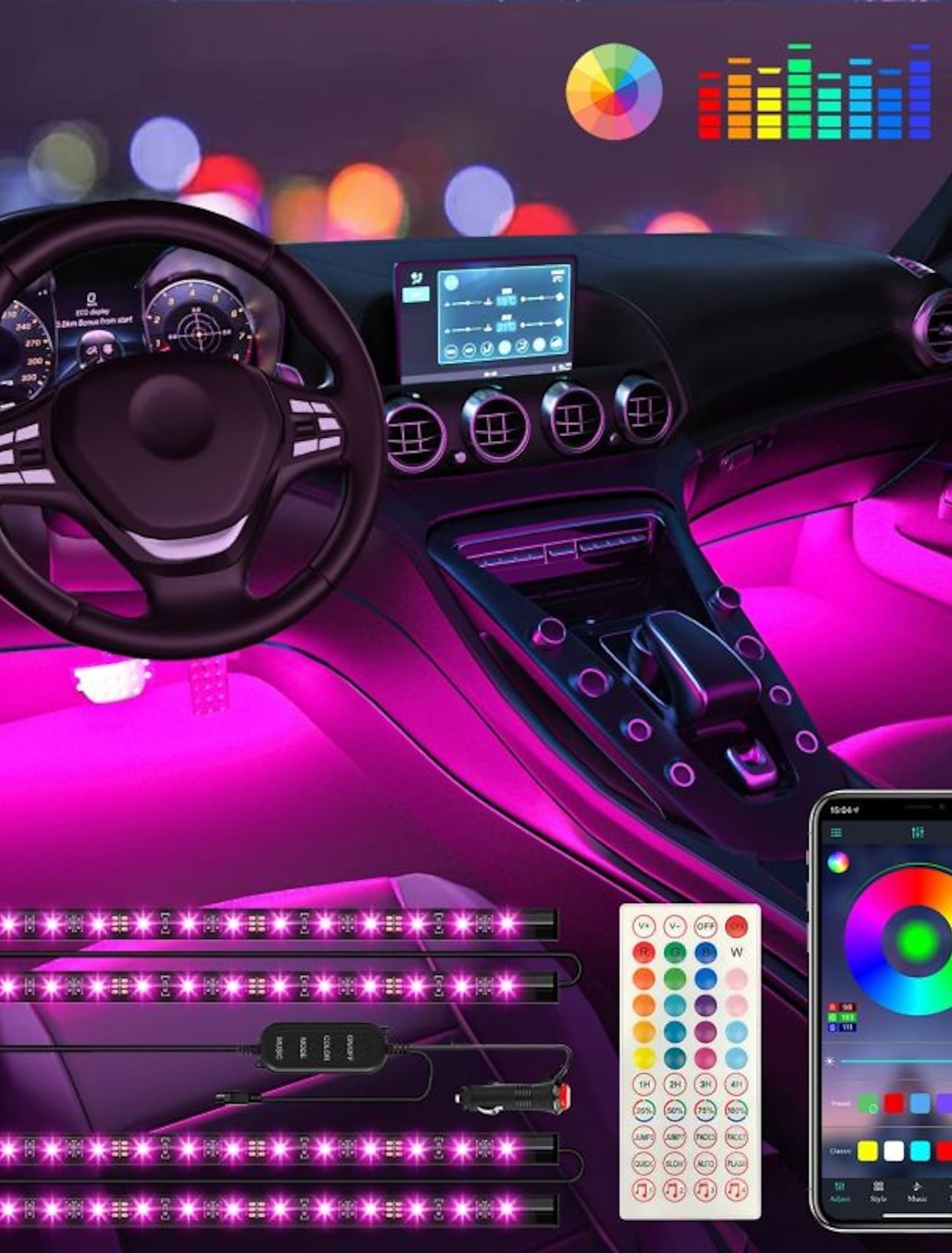 JVMU Led-Lights Interior-Car Inside-Strips Decorative-Accessories 4 Pcs 48 Led Lights for Car with Voice Control 30 Modes Music Sync Color Change DC 12V 