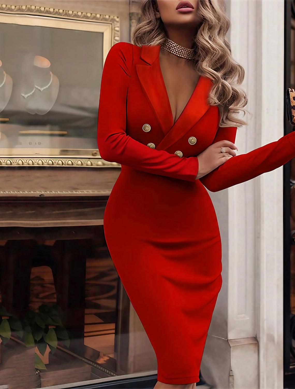 Mujer Vestido blazer Vestido tubo Rojo Blanco Negro Manga Larga Color puro Botón Invierno Otoño Escote en Pico Casual Sensual vestido de otoño 2022 S M L XL XXL de invierno 2022 – $24.99