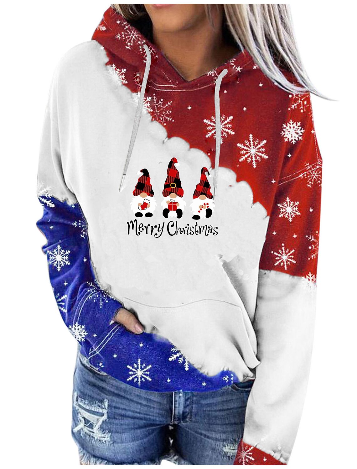 Merry Christmas Print Fall Clothes for Women,Snowflake Red Blue Patchwork Hoodies Tops Drawstring Vintage Sweatshirt 