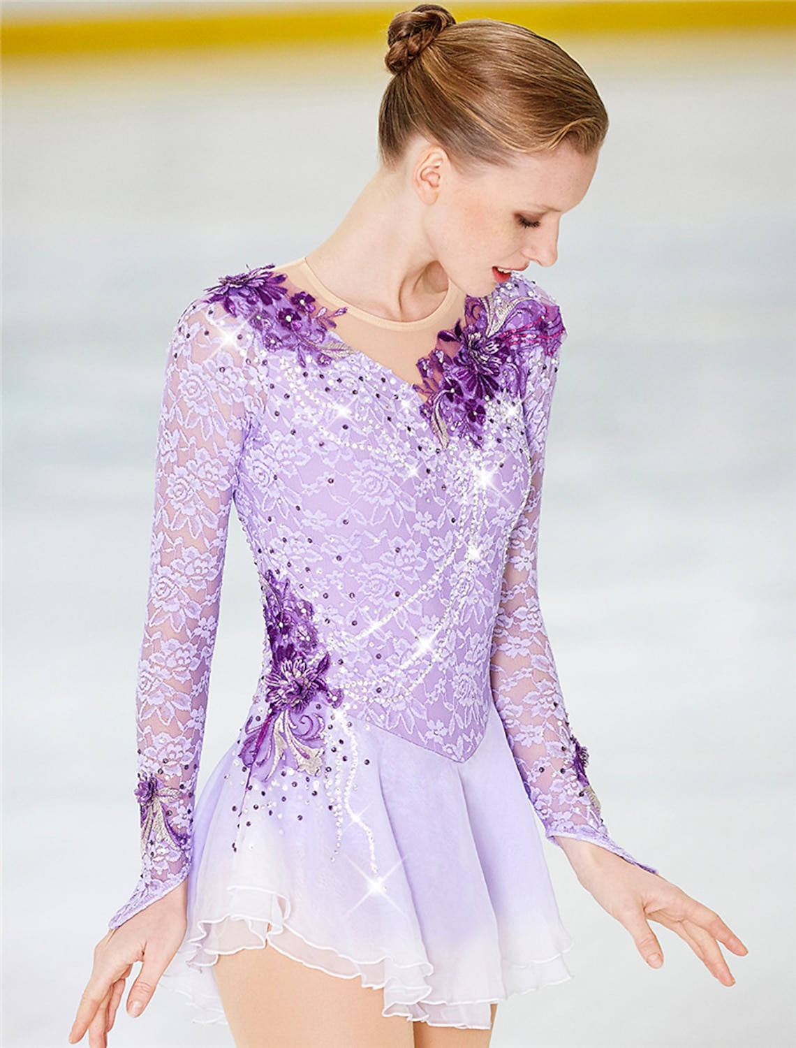 NEW Girls PURPLE VELVET Floral LILAC LACE Competition FIGURE ICE SKATING DRESS 