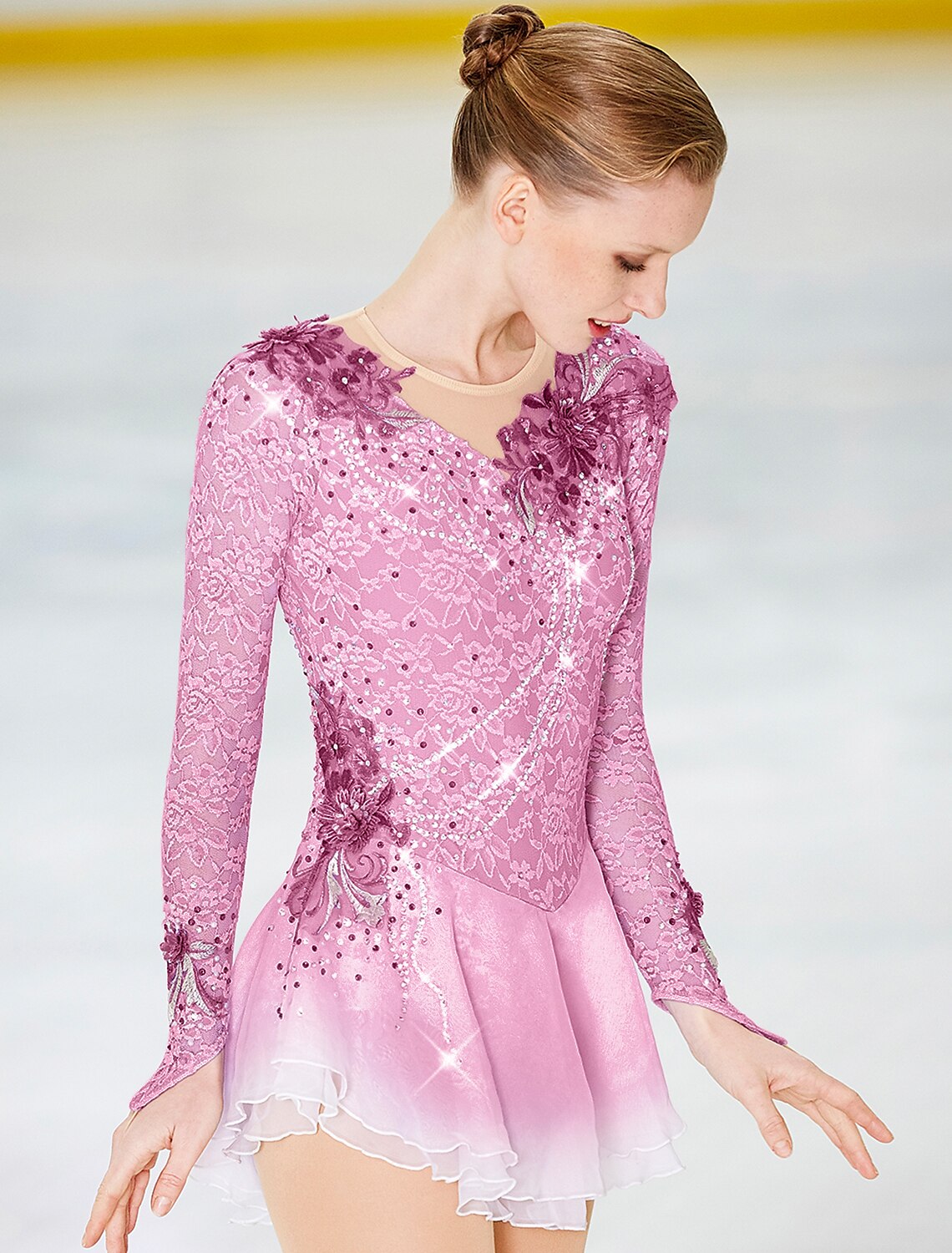 New Girls Women Ice Figure Skating Dress  For Competition Pink training handmade 