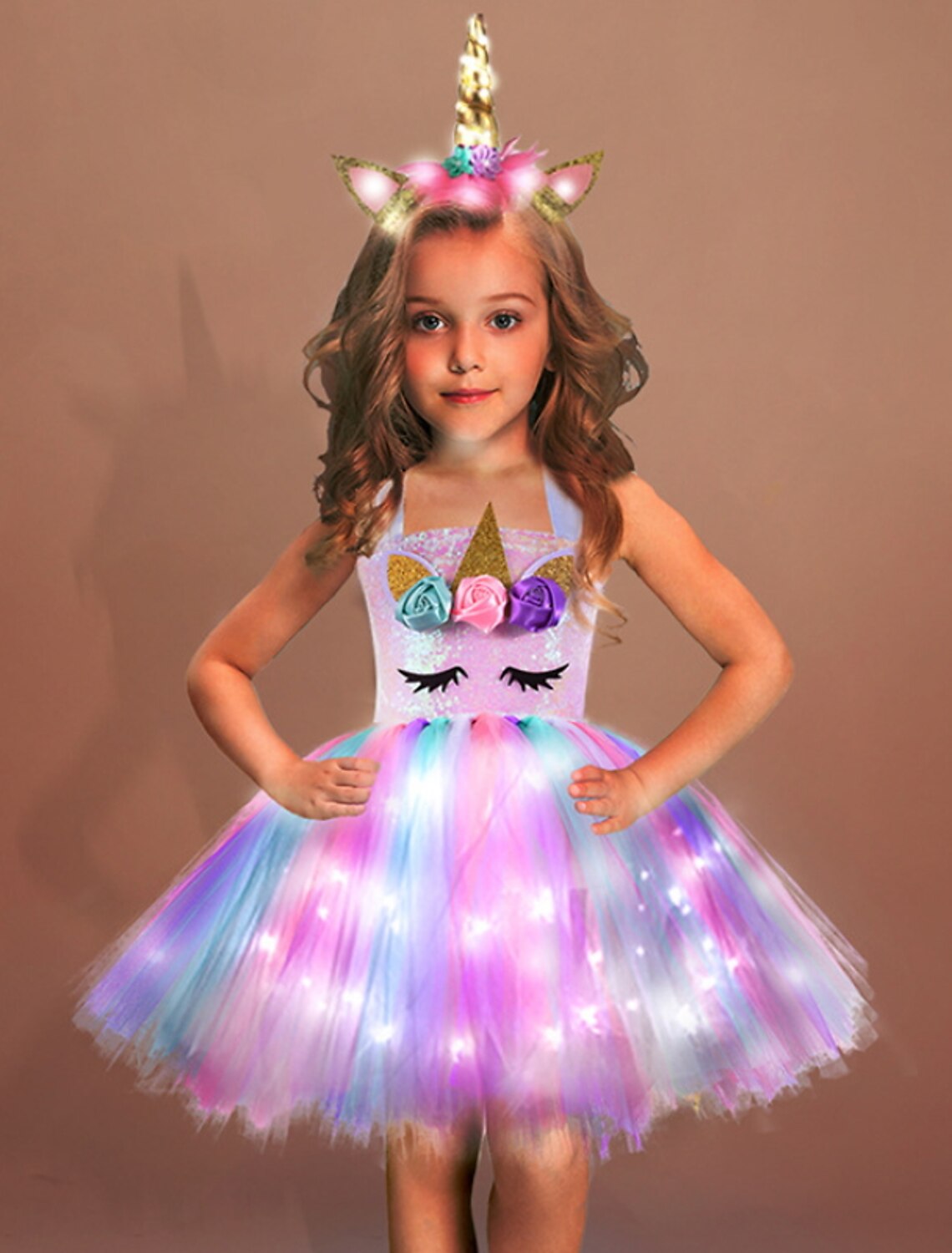 vestido de niña de 2 a 8 años patchwork de dibujos animados unicornio una  línea actuación de cumpleaños patchwork de malla fruncida algodón arcoíris  rosa por encima de la rodilla sin mangas