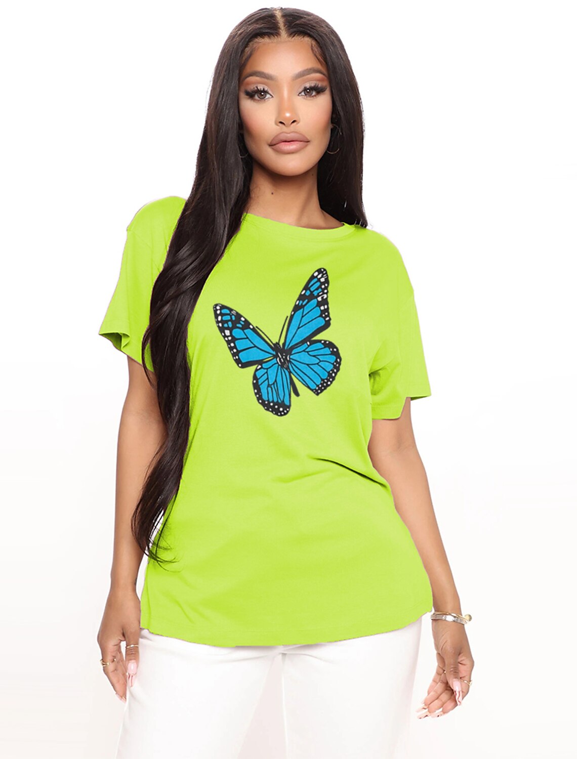 3/4 Sleeves Tops Womens Spring Butterflies Graphic T-Shirt Colorful 3D Print Tunic Blouse Casual Crewneck Tee Shirts