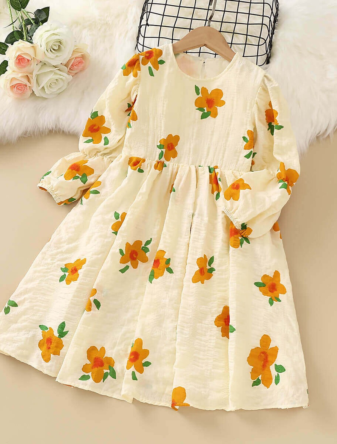 Children Kids Girls Spring Flower Casual Cotton Long Sleeves Printed Dresses