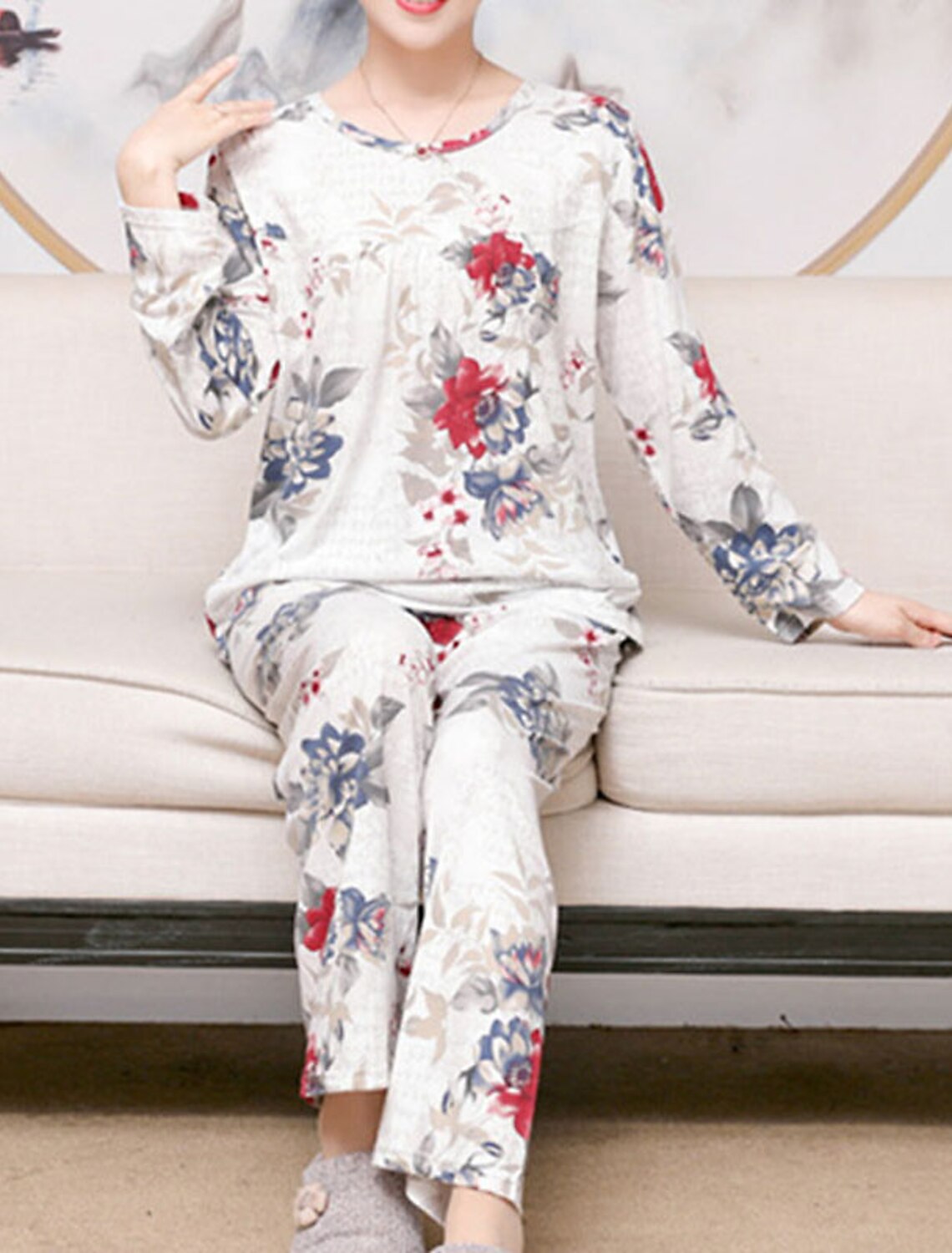 Conjuntos de pijamas para mujer, comodidad de flores, dulce hogar, regalo  de poliéster para el día de la madre, estampado de cuello redondo,  primavera, verano, verde y azul 9076271 2022 – $22.59