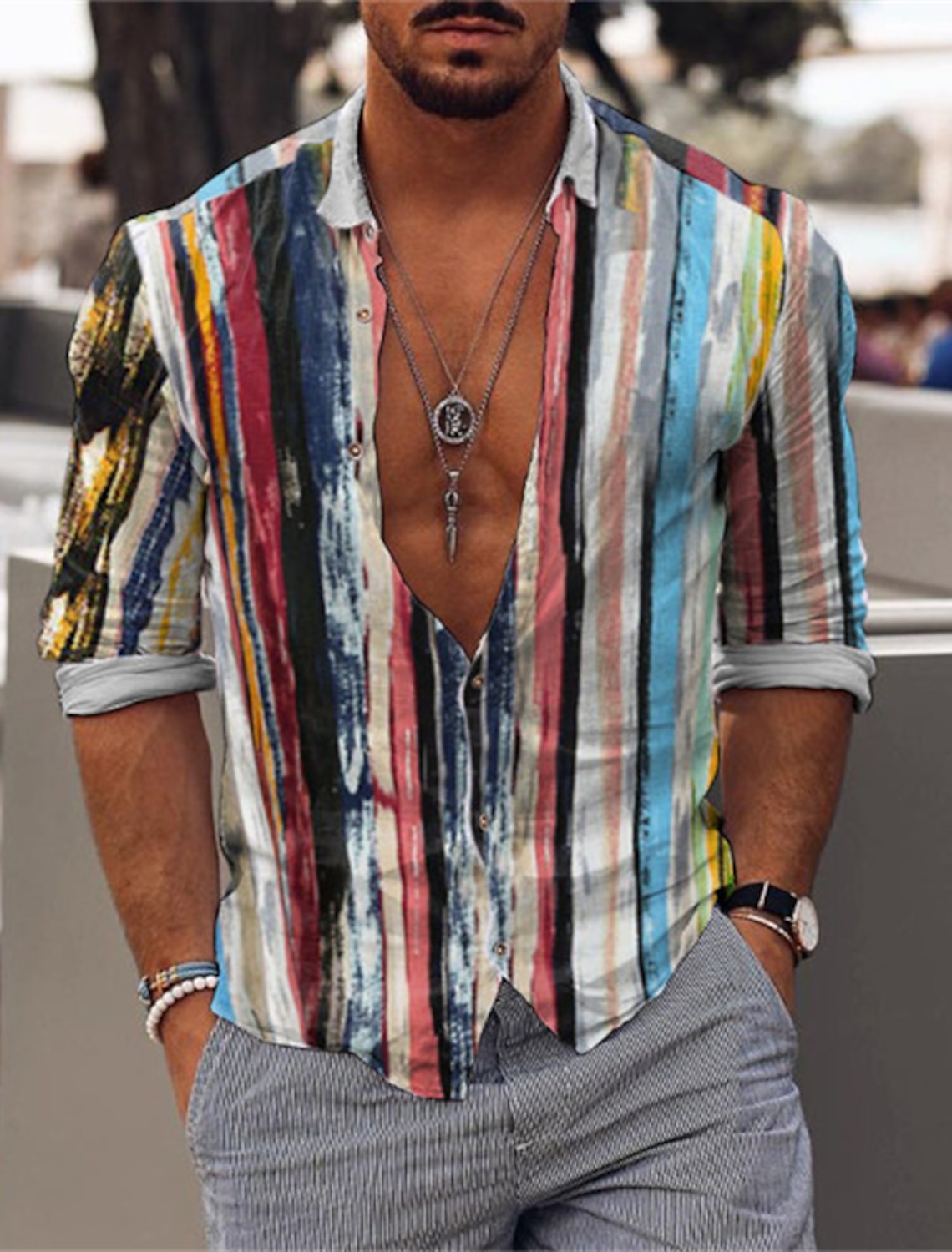Mens Printed Casual Fashion Long-Sleeved Button Down Shirt
