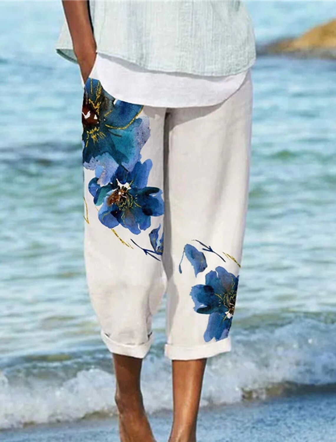 22年 女性用 ラウンジウェア ボトムス フラワー ファッション コンフォートシューズ 家 ストリート コットン ロングパンツ 弾性ウエスト 春 夏 グリーン ブラック コレクション 2 4