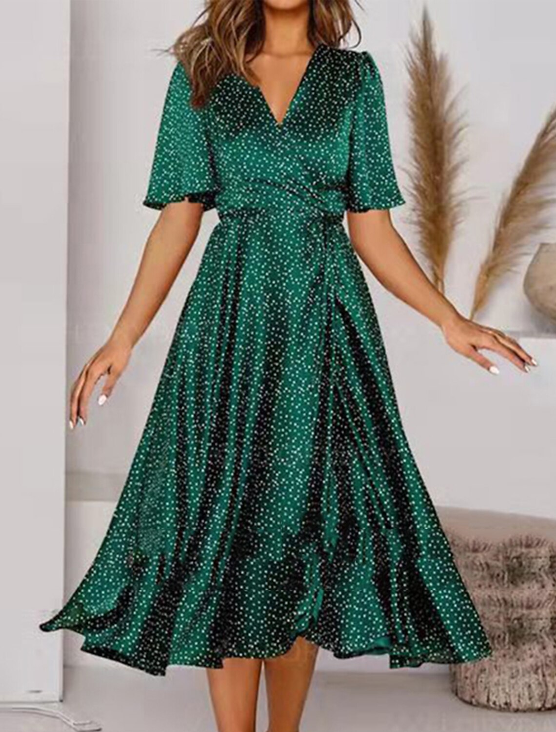 Lightinthebox Women's A Line Dress Swing Dress Midi Dress Green Short Sleeve Polka Dot Ruched Print Spring Summer V Neck Vacation Stylish Elegant Loose Fit 2022 L