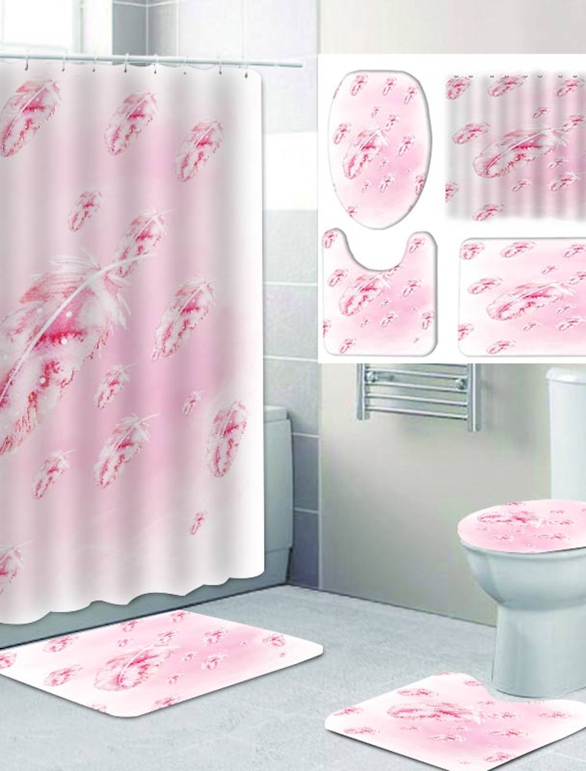 Golden Phoenix Waterproof Shower Curtain Non-Slip Bath Mat Toilet Lid Cover Set