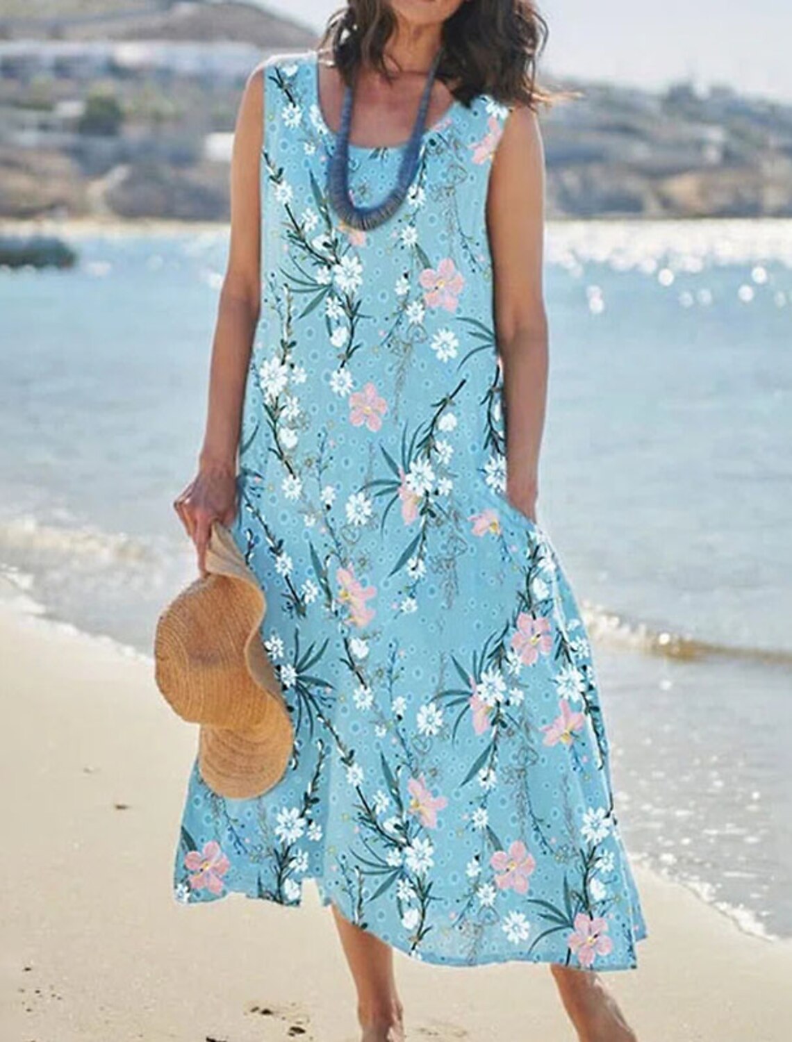Womens Midi Dress Plus Size S-5XL Cotton Linen One Piece Dress Spring Summer Bohemian Ethnic Style V-Neck Beach Dress 
