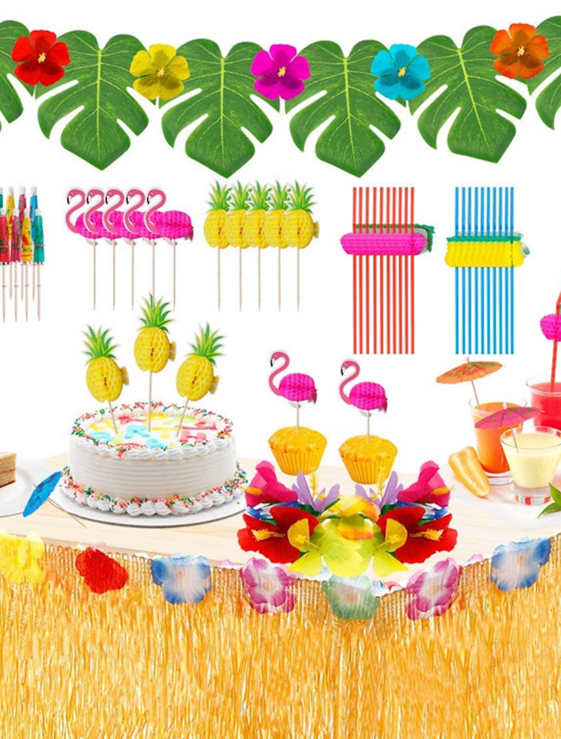 para Fiesta de Hawai Jungla Playa Tema decoración de Escritorio,30leaves+24flowers GXFC Decoración de Mesa de Fiesta Tropical Hojas de Palma y Hibisco de Seda 