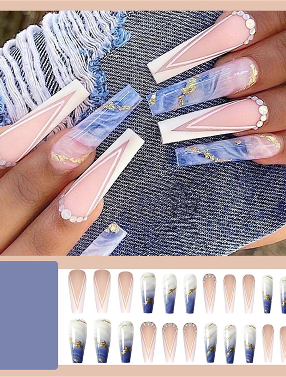 V-shaped White French Diamond-encrusted Wearing Nail Patch Removable Gold  Foil Blue Smudge Fake Nail Finished Product 9214577 2022 – $6.49